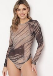 Brązowe Body Siateczkowe z Abstrakcyjnym Wzorem w Pasy Denima. Brązowe body i gorsety Born2be, bez wzorów, z denimu, bez ramiączek. W wyprzedaży za 47.99 zł.