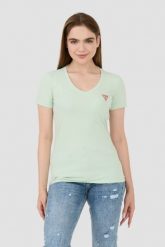 GUESS Miętowy damski t-shirt Mini Triangle Tee, Rozmiar M. Zielone t-shirty Guess, m, z aplikacjami, bez kołnierzyka, bez ramiączek. W wyprzedaży za 110.99 zł.
