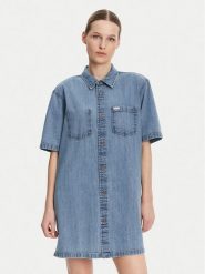 Guess Jeans Sukienka jeansowa W5GK99 D5M81 Niebieski Regular Fit. Niebieskie sukienki Guess Jeans, m, z aplikacjami, z bawełny, bez kołnierzyka, bez ramiączek. Za 219.99 zł.