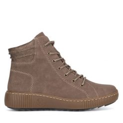 Trzewiki Rieker. Brązowe botki Rieker, bez wzorów, bez obcasa, na płaskiej podeszwie, bez zapięcia. Za 251.99 zł.