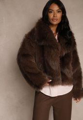 Brązowa Kurtka Futerko z Ozdobnym Kołnierzem Fitene. Brązowe kurtki Renee, bez wzorów, z futra, eleganckie, bez kaptura. Za 279.99 zł.