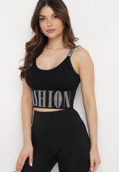 Czarny Krótki Top z Regulowanymi Ramiączkami i Cyrkoniami Okardia. Czarne topy Born2be, s, bez wzorów, bez kołnierzyka, bez ramiączek. Za 29.99 zł.