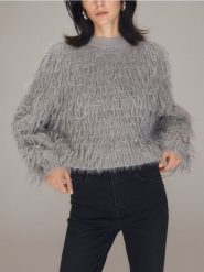 Sweter z frędzlami - jasnoszary. Szare swetry Reserved, l, bez wzorów, z dzianiny, bez ramiączek. Za 149.99 zł.