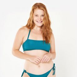 Góra kostiumu kąpielowego surfingowego damska Olaian Laura Folk teksturowana. Niebieskie bikini OLAIAN, bez wzorów, z elastanu, sportowe. Za 59.99 zł.
