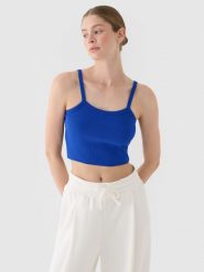 4F Crop top slim damski - niebieski S. Niebieskie topy 4f, s, bez wzorów, z bawełny, sportowe, bez kołnierzyka, bez ramiączek. W wyprzedaży za 29.99 zł.