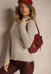 Beżowy Golf z Wełną Ozdobiony Paskami Vortirida. Brązowe swetry Renee, z aplikacjami, z jeansu, eleganckie, bez ramiączek. W wyprzedaży za 71.99 zł.