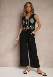 Czarne Spodnie High Waist z Bawełnianej Tkaniny Zdobionej Haftem Mevirona. Czarne jeansy Renee, l, z aplikacjami, z bawełny, eleganckie, z podwyższonym stanem. W wyprzedaży za 47.99 zł.