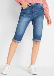 Bermudy dżinsowe ze stretchem i wygodnym paskiem. Niebieskie jeansy bonprix, bez wzorów, z jeansu. Za 97.99 zł.