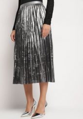 Srebrna Spódnica Plisowana z Gumką w Talii Zdobiona Metaliczną Nicią Rinmira. Szare spódnice Born2be, na co dzień, m, z aplikacjami, eleganckie, midi, dopasowane. W wyprzedaży za 76.49 zł.