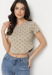 Ciemnobeżowy Bawełniany T-shirt z Brokatem Olinithra. Brązowe t-shirty Born2be, m, z aplikacjami, z bawełny, glamour, bez kołnierzyka, bez ramiączek. Za 59.99 zł.