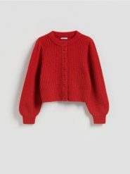 Kardigan z bufiastymi rękawami - czerwony. Czerwone swetry Reserved, l, bez wzorów, z dzianiny, bez ramiączek. Za 139.99 zł.