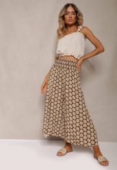 Jasnobrązowe Szerokie Spodnie z Wiskozy w Kwiaty Ramit. Brązowe jeansy Renee, l, bez wzorów, z jeansu, eleganckie, z podwyższonym stanem. W wyprzedaży za 39.99 zł.