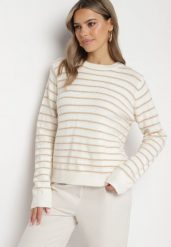Beżowy Sweter w Paski z Cekinami i Metaliczną Nicią Iritalle. Brązowe swetry Born2be, na zimę, bez wzorów, bez ramiączek. W wyprzedaży za 84.99 zł.