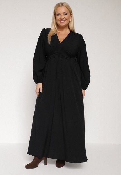 Czarna Rozkloszowana Sukienka z Marszczeniem i Gumką w Pasie Fedorna. Czarne sukienki Born2be, na co dzień, plus size, bez wzorów, eleganckie, bez kołnierzyka, plus size, bez ramiączek, rozkloszowane. Za 169.99 zł.