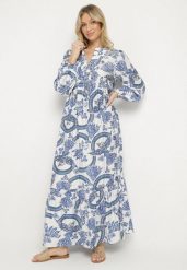 Niebieska Sukienka z Wiskozą o Rozkloszowanym Kroju z Wiązaniem w Roślinny Wzór Korivona. Niebieskie sukienki Born2be, na co dzień, l, bez wzorów, z wiskozy, eleganckie, bez kołnierzyka, bez ramiączek, maxi, rozkloszowane. W wyprzedaży za 127.49 zł.