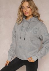 Szara Bluza z Kapturem i Ozdobnym Nadrukiem Lecu. Szare bluzy Renee, l, bez wzorów, z polaru, z kapturem. W wyprzedaży za 55.99 zł.