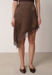 Brązowa Satynowa Spódnica o Asymetrycznym Kroju z Koronką Arlivia. Brązowe spódnice Born2be, l, bez wzorów, z koronki, eleganckie, mini, asymetryczne. Za 119.99 zł.