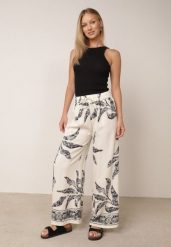 Kremowo-Czarne Spodnie Wiskozowe Szerokie z Florystycznym Motywem Casual Nelinore. Brązowe jeansy Born2be, bez wzorów, z jeansu, casualowe. Za 49.99 zł.