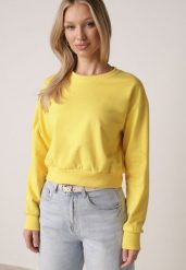 Żółta Bluza z Dodatkiem Bawełny Wykończona Ściągaczami Evilaya. Żółte bluzy Born2be, l, bez wzorów, z bawełny, casualowe, bez ramiączek, bez kaptura. Za 39.99 zł.