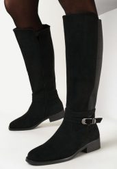 Czarne Kozaki Muszkieterki z Ozdobnym Paskiem Vambra. Czarne kozaki Born2be, bez wzorów, bez obcasa, na płaskiej podeszwie, bez zapięcia. Za 129.99 zł.