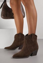 Brązowe Skórzane Botki Typu Kowbojki na Stożkowym Obcasie Lianessea. Brązowe botki Born2be, bez wzorów, z jeansu, bez obcasa, na obcasie, bez zapięcia. Za 189.99 zł.