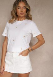 Biało-Beżowy Bawełniany T-shirt z Motywem Serc Aramiraa. Białe t-shirty Renee, l, bez wzorów, z bawełny, bez kołnierzyka, bez ramiączek. W wyprzedaży za 51.99 zł.