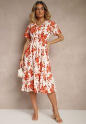 Pomarańczowa Bawełniana Sukienka Rozkloszowana Ażurowa w Kwiatowy Print Velbia. Brązowe sukienki Renee, na co dzień, l, w ażurowe wzory, z bawełny, eleganckie, bez kołnierzyka, bez ramiączek, midi, proste. W wyprzedaży za 107.99 zł.