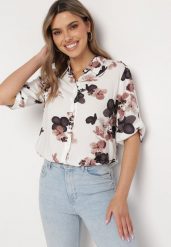 Biało-Beżowa Koszula z Bawełny i Wiskozy z Rękawami 3/4 w Kwiaty Milkera. Białe koszule Born2be, l, bez wzorów, z bawełny, bez kołnierzyka, bez ramiączek. Za 64.99 zł.