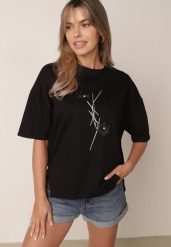 Czarny T-shirt z Wiskozy z Perełkami i Kwiatami 3D Rossalie. Czarne t-shirty Born2be, l, bez wzorów, z jeansu, bez kołnierzyka, bez ramiączek. Za 79.99 zł.