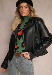 Czarna Taliowana Kurtka Ramoneska o Klasycznym Kroju Melothia. Czarne kurtki Renee, l, bez wzorów, z jeansu, eleganckie, bez kaptura. W wyprzedaży za 127.49 zł.