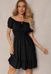 Czarna Sukienka z Wiskozy z Gumkami w Talii i Dekoltem ze Ściągaczem Tiimazela. Czarne sukienki Renee, na co dzień, l, bez wzorów, z wiskozy, eleganckie, bez kołnierzyka, bez ramiączek, mini, kopertowe. W wyprzedaży za 47.99 zł.