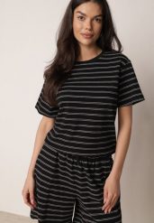 Czarny Bawełniany T-shirt w Poziome Paski Rive. Czarne t-shirty Born2be, l, bez wzorów, z bawełny, klasyczne, bez kołnierzyka, bez ramiączek. Za 59.99 zł.