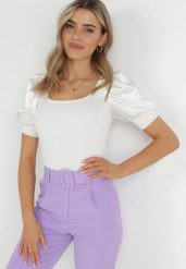 Biała Bluzka z Prążkowanej Dzianiny z Bufiastymi Rękawami Maffa. Białe bluzki Born2be, bez wzorów, z dzianiny, eleganckie, bez kołnierzyka, bez ramiączek. W wyprzedaży za 38.24 zł.