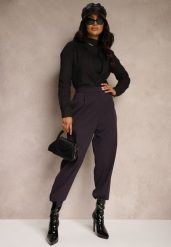 Fioletowe Garniturowe Spodnie o Szerokich Nogawkach Lekko Prążkowane High Waist Belbanne. Fioletowe jeansy Renee, l, bez wzorów, z jeansu, eleganckie, z podwyższonym stanem. W wyprzedaży za 111.99 zł.