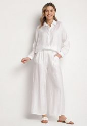 Biały Komplet o Kroju Oversize Koszula i Spodnie Ulosarenia. Białe koszule Born2be, l, z aplikacjami, eleganckie, bez kołnierzyka, bez ramiączek. Za 149.99 zł.