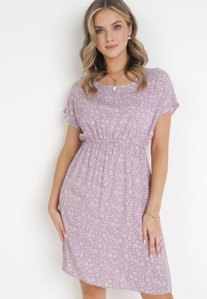 Fioletowa Wiskozowa Rozkloszowana Sukienka z Gumką w Talii w Kwiaty Heidene. Fioletowe sukienki Born2be, l, bez wzorów, z wiskozy, bez kołnierzyka, bez ramiączek, mini, rozkloszowane. Za 39.99 zł.