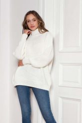 Oversizowy Sweter z Luźnym Golfem - Ecru. Brązowe swetry Lanti, uniwersalny, bez wzorów, z materiału, bez ramiączek. Za 249.90 zł.