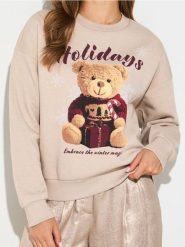 Bluza crewneck z motywem świątecznym - beżowy. Brązowe bluzy bez kaptura Sinsay, l, bez wzorów, bez kaptura, do biegania. Za 39.99 zł.