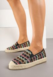 Czarne Espadryle Ozdobione Metaliczną Nitką na Podeszwie z Plecionki Raslira. Czarne espadryle Renee, bez wzorów, bez obcasa. W wyprzedaży za 67.99 zł.