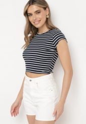 Granatowo-Biały Bawełniany T-shirt Prążkowany o Krótkim Kroju Quedara. Niebieskie t-shirty Born2be, m, bez wzorów, z bawełny, bez kołnierzyka, bez ramiączek. Za 59.99 zł.