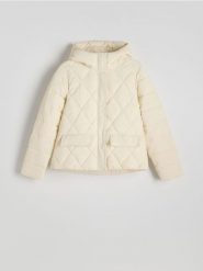 Pikowana kurtka z kapturem - złamana biel. Kurtki Reserved, l, bez wzorów, z tkaniny, z kapturem. Za 159.99 zł.