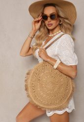 Ciemnobeżowa Torebka z Plecionki o Okrągłym Kształcie Boho Tarantelia. Brązowe torebki klasyczne Renee, bez wzorów, z materiału, boho, bez dodatków. W wyprzedaży za 63.99 zł.