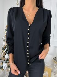 Czarna Koszula ze Złotymi Guziczkami 9276-299-A. Czarne koszule ModnaKiecka.pl, s, bez wzorów, z jeansu, eleganckie, bez kołnierzyka, bez ramiączek. Za 94.99 zł.