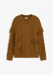 Sweter oversize z frędzlami. Białe swetry bonprix, bez wzorów, z dzianiny, bez ramiączek. Za 129.99 zł.