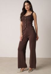 Brązowy Dzianinowy Komplet z Wiskozą Spodnie i Bluzka na Ramiączkach Merissani. Brązowe bluzki Born2be, m, bez wzorów, z dzianiny, biznesowe, bez kołnierzyka, bez ramiączek. Za 139.99 zł.