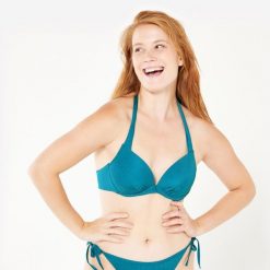 Góra kostiumu kąpielowego surfingowego damska Olaian Elena Folk teksturowana. Niebieskie bikini OLAIAN, bez wzorów, z elastanu, sportowe. Za 89.99 zł.