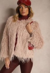 Ciemnoróżowa Futerkowa Kurtka o Prostym Kroju z Zapięciem na Haftki Sialithiel. Czerwone kurtki Renee, l, bez wzorów, eleganckie, bez kaptura. Za 169.99 zł.