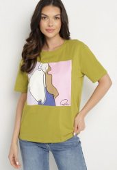 Zielony T-shirt z Bawełny Zdobiony Geometrycznym Nadrukiem Meppora. Zielone t-shirty Born2be, s, z aplikacjami, z bawełny, klasyczne, bez kołnierzyka, bez ramiączek. Za 59.99 zł.