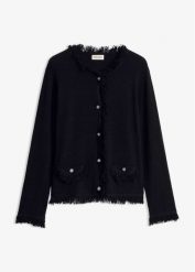 Kardigan z przędzy boucle. Czarne swetry bonprix, bez wzorów, bez ramiączek. Za 179.99 zł.