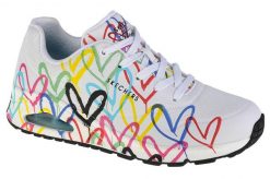 Buty do chodzenia damskie, Skechers Uno-Spread The Love. Białe buty treningowe Skechers, bez wzorów, z materiału, przed kostkę, bez zapięcia, trekkingowe. Za 399.00 zł.
